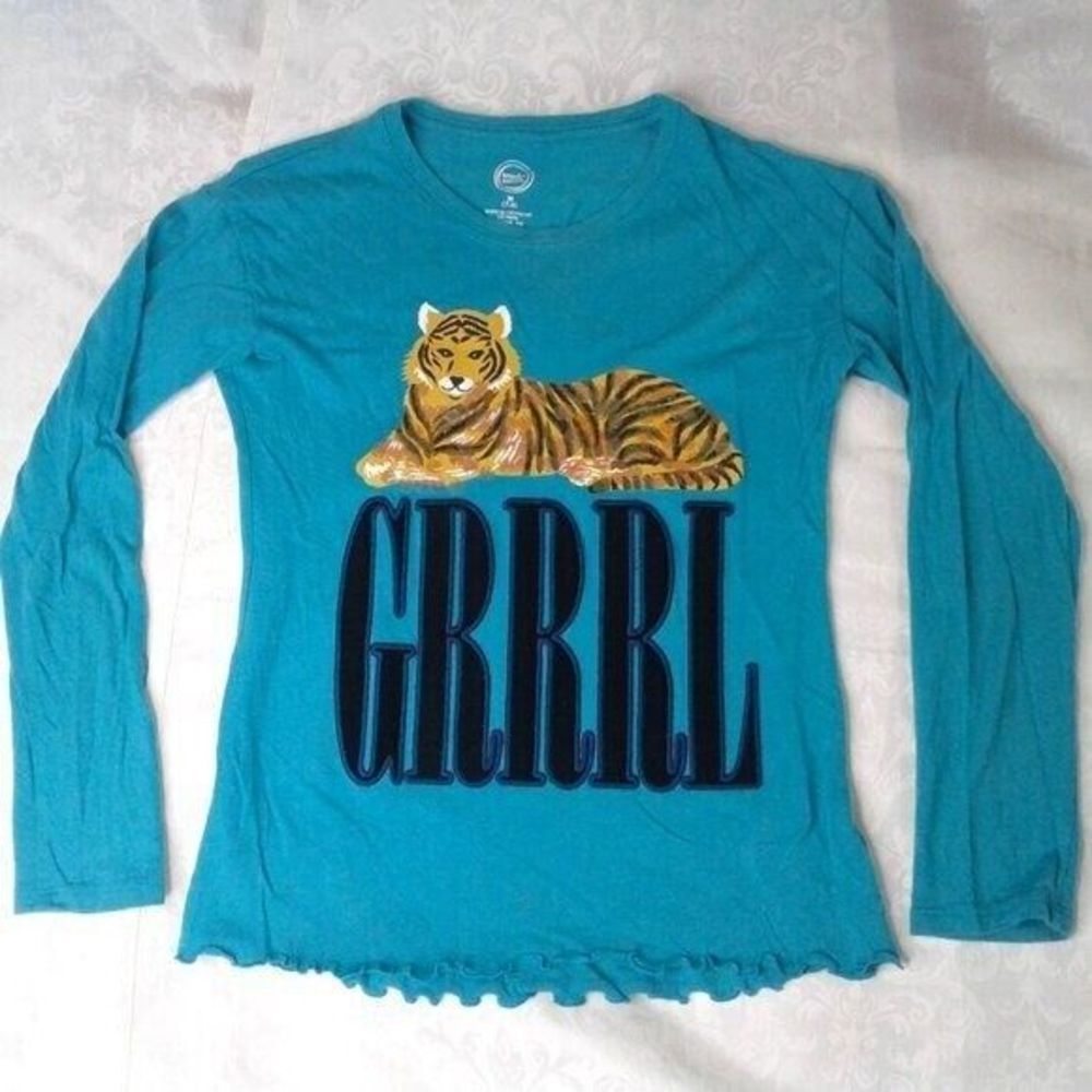 Wonder Nation Girls Graphic Shirt Long Sleeve Tiger Cat GRRRL Teal Size M 7-8